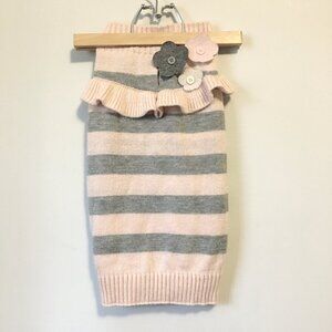 Doggy Free Spirit Pink Grey Striped Ruffle Flower Knit Dog Sweater